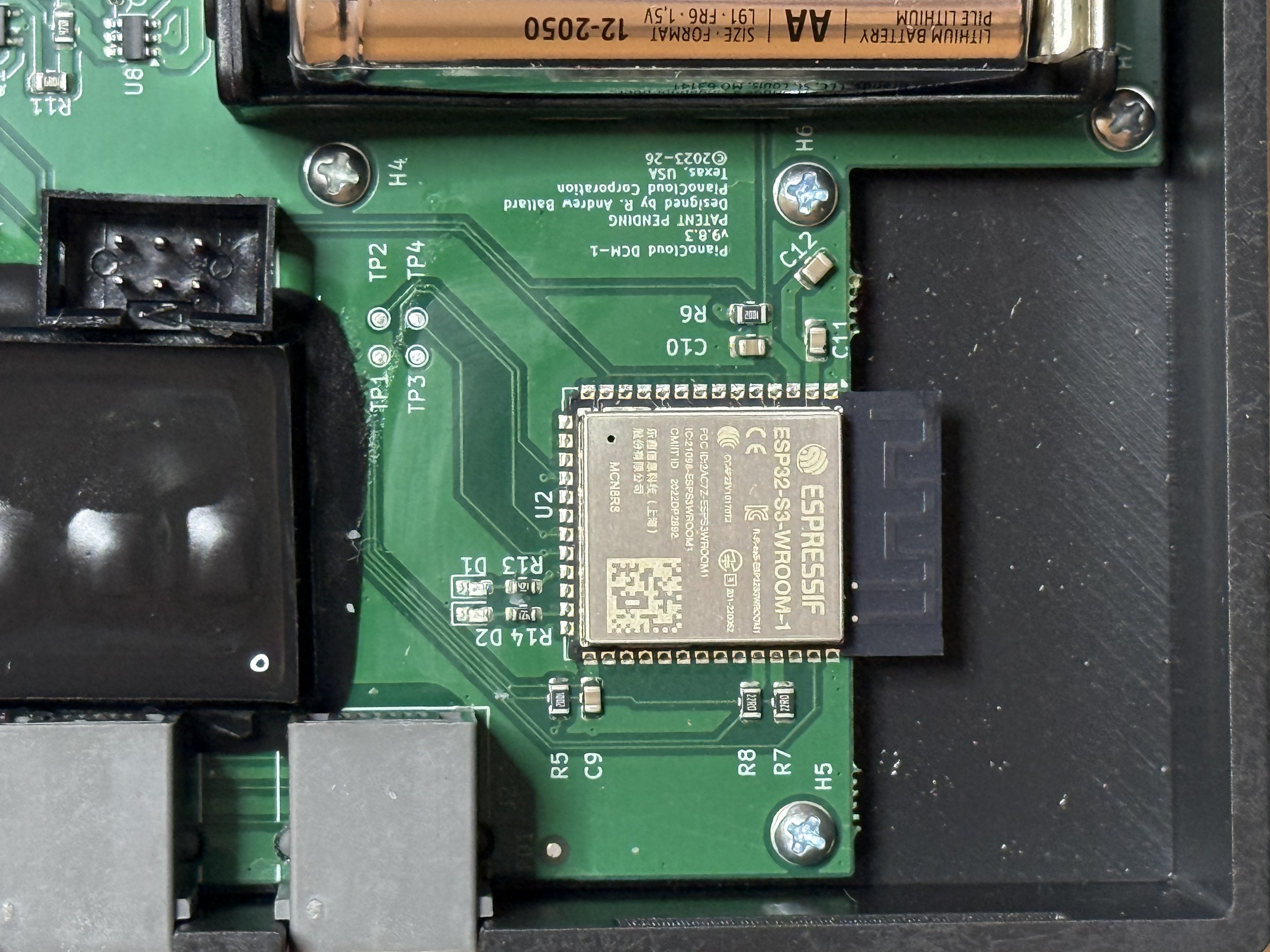 DCM-1 PCB close-up showing ESP32-S3 and PianoCloud branding