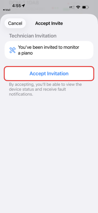Accept Invite screen in the app, Accept Invitation boxed