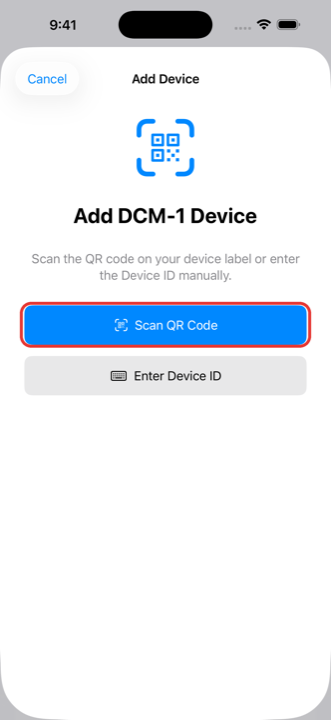 Add DCM-1 Device screen with Scan QR Code boxed