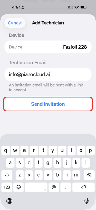 Add Technician screen, Send Invitation boxed