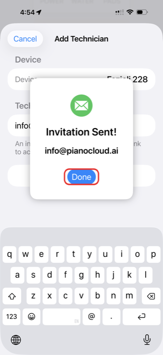 Invitation Sent confirmation, Done marked
