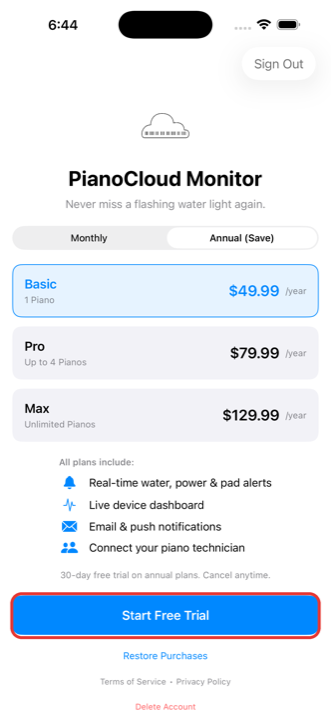 Plan screen with Start Free Trial boxed