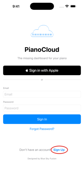 PianoCloud Monitor sign-in screen with Sign Up circled