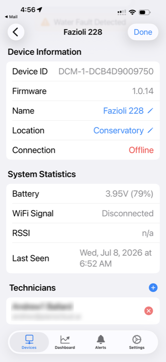 Device page with the technician listed