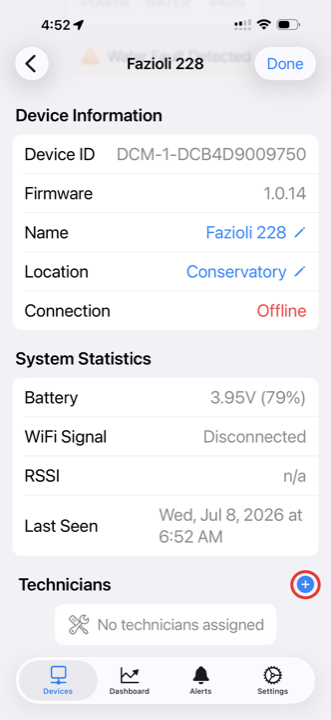 Device detail page, plus button circled